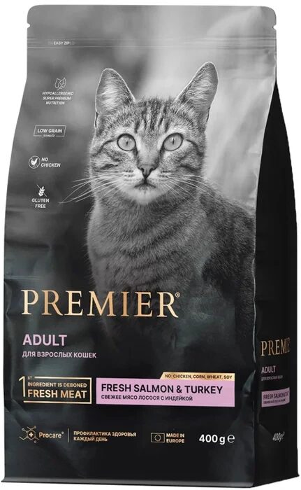 PREMIER ADULT FRESH SALMON & TURKEY Сухой корм Премьер для взрослых кошек Свежее филе Лосося с индейкой 400 г
